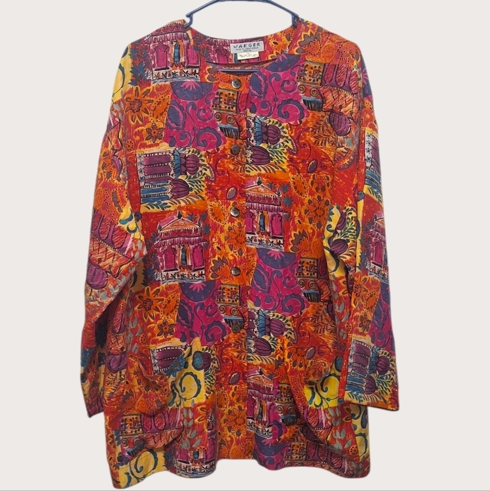 Jaeger Full Color 100% Silk Long Sleeve Front Pocket Blouse Plus Size M